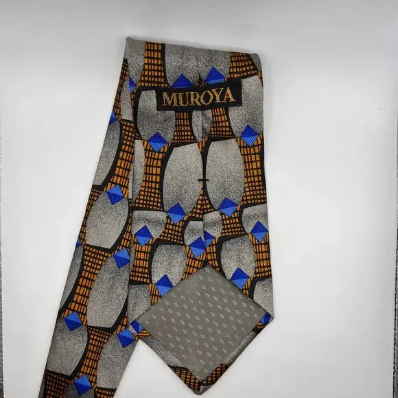 Muroya - Men’s Tie-58” Long-Gray Black Orange Modern Geometric Design - Silk-USA - Picture 5 of 7